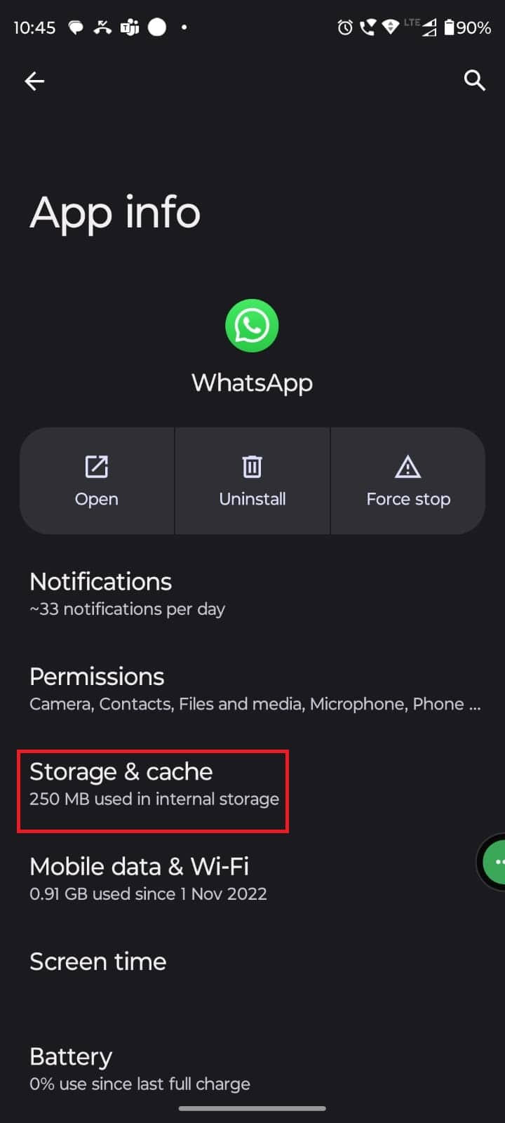 Presiona Almacenamiento y caché