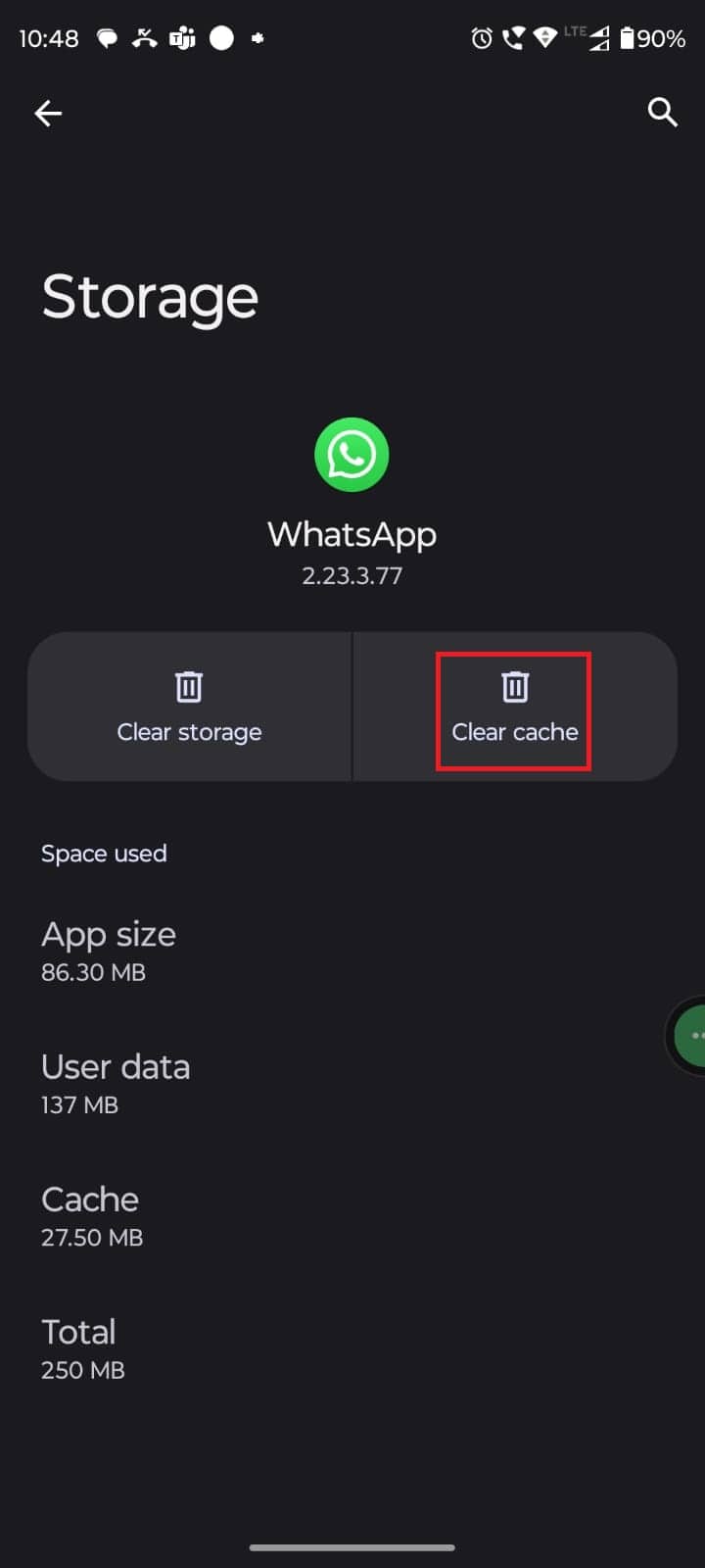 Presiona Borrar caché.  7 formas de arreglar las pegatinas de WhatsApp que no se muestran
