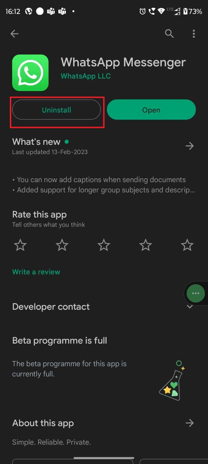 Toca Desinstalar.  7 formas de arreglar las pegatinas de WhatsApp que no se muestran