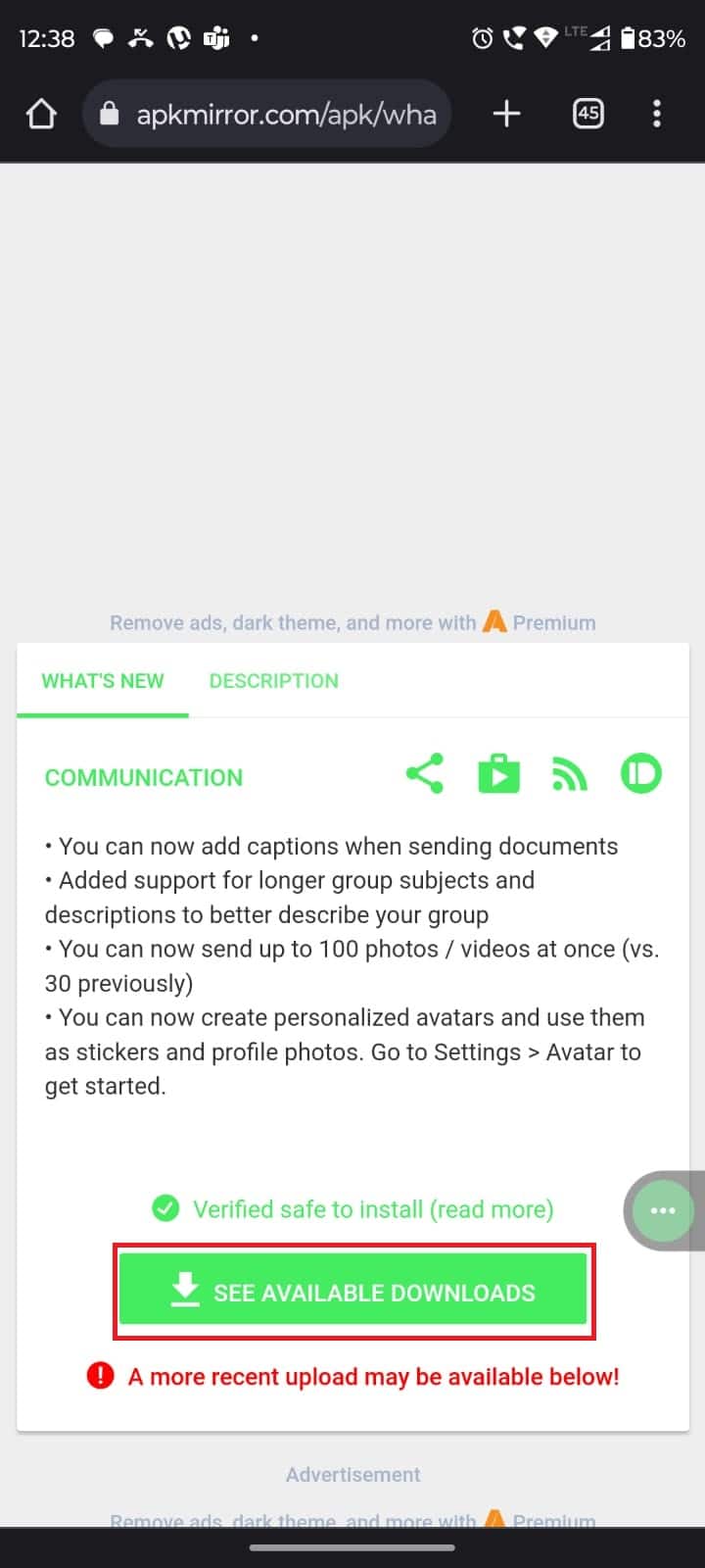 Toca VER DESCARGAS DISPONIBLES.  7 formas de arreglar las pegatinas de WhatsApp que no se muestran