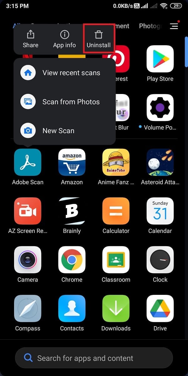 toque Desinstalar para eliminar la aplicación de su teléfono Android. Arreglar las imágenes de Tinder que no cargan el error
