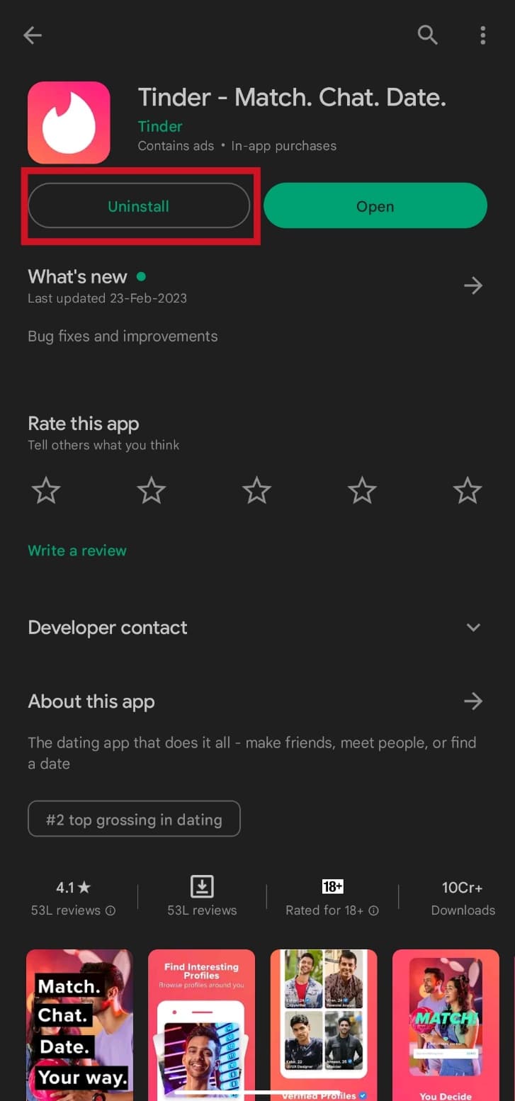 Toque el botón Desinstalar. Arreglar las imágenes de Tinder que no cargan el error