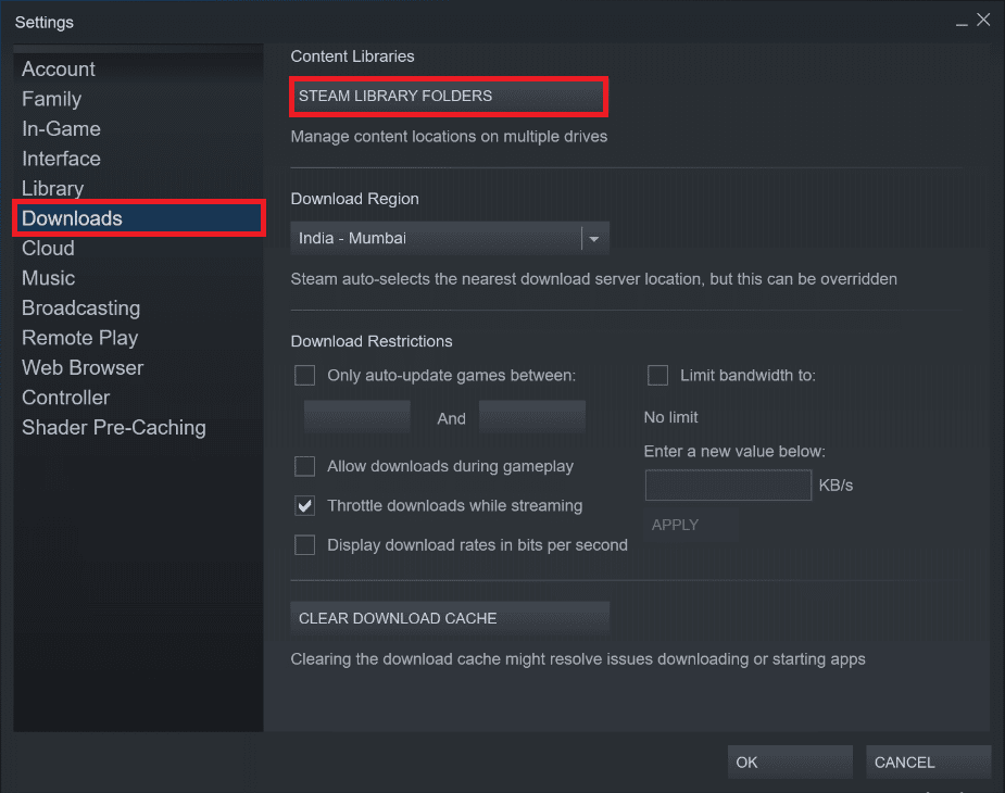 Haga clic en CARPETAS DE BIBLIOTECA DE STEAM en la sección Bibliotecas de contenido