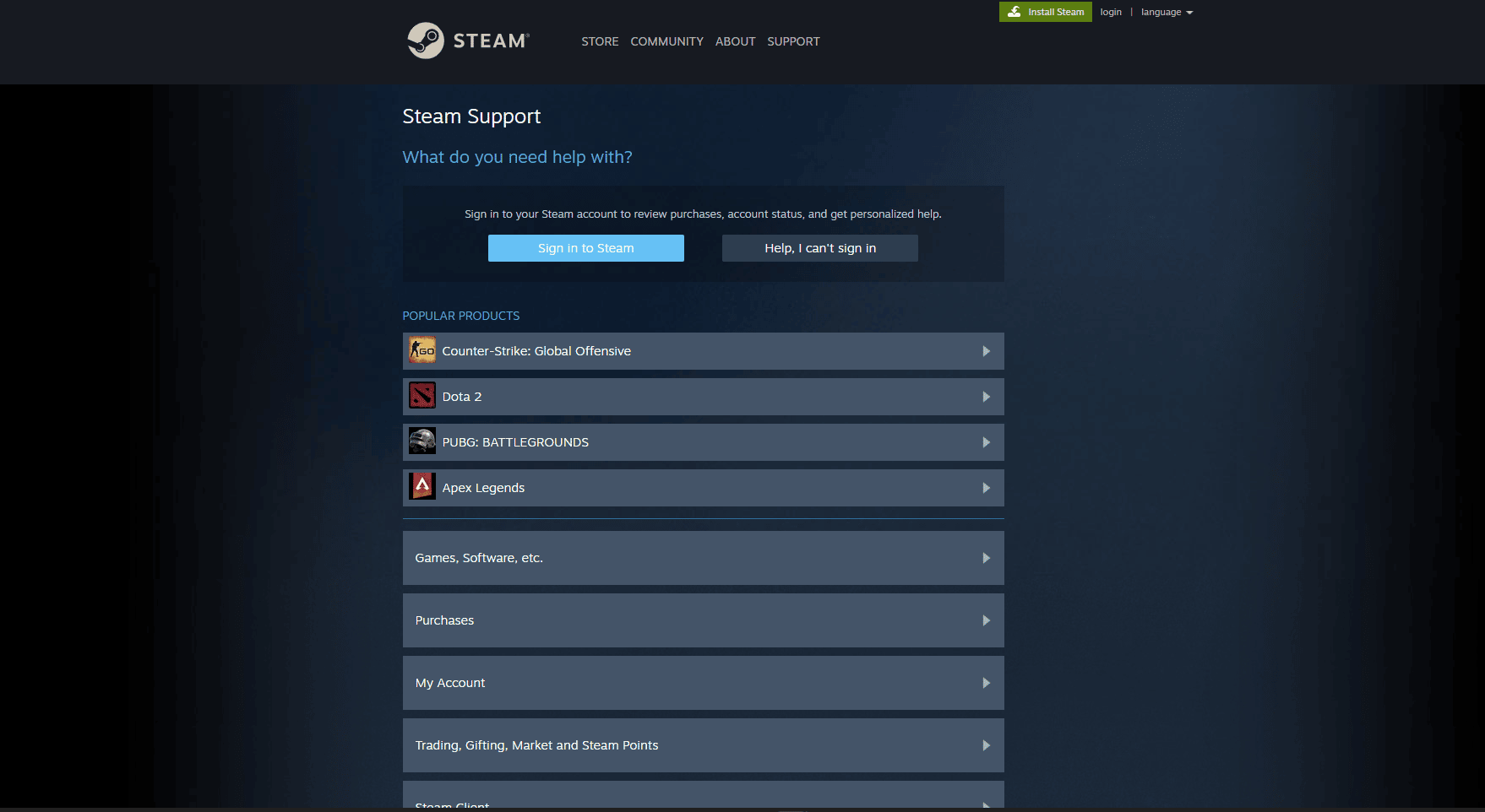 Página de soporte de Steam