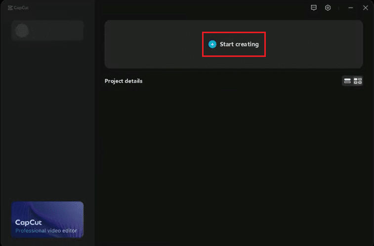 haga clic en comenzar a crear la opción en la aplicación capcut PC