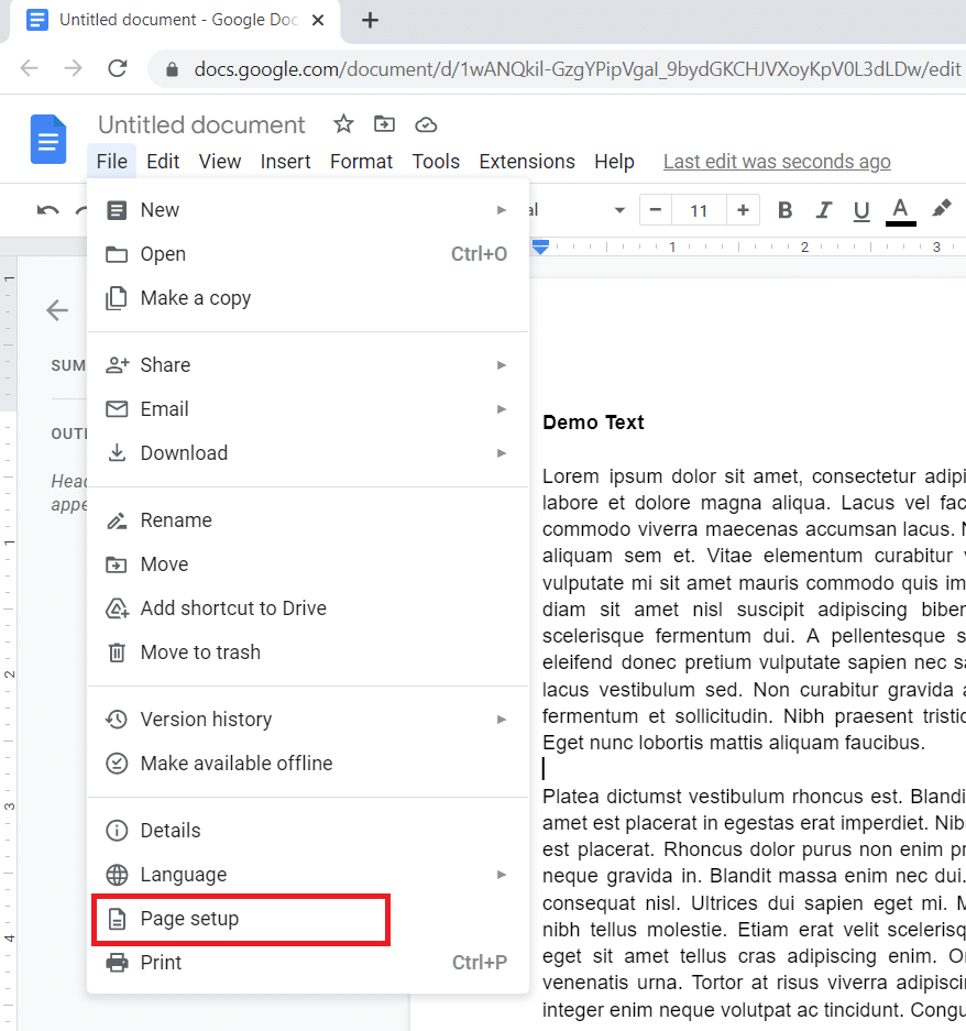 Seleccione Configuración de página en el menú desplegable. ¿Cuáles son los márgenes predeterminados en Google Docs?
