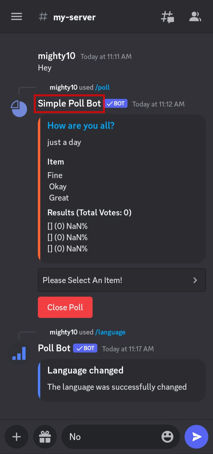 Toque y mantenga presionado el nombre del bot de encuesta simple.