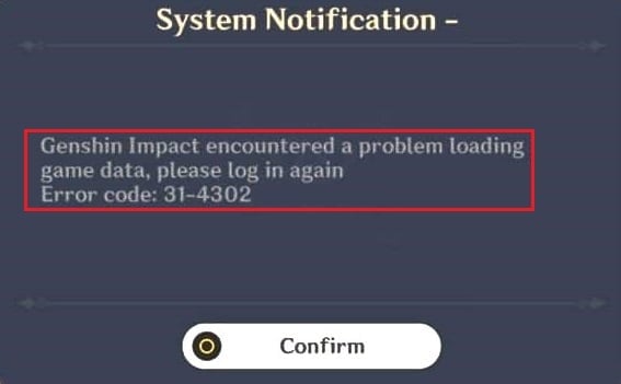 Código de error de impacto de Genshin 31 4302