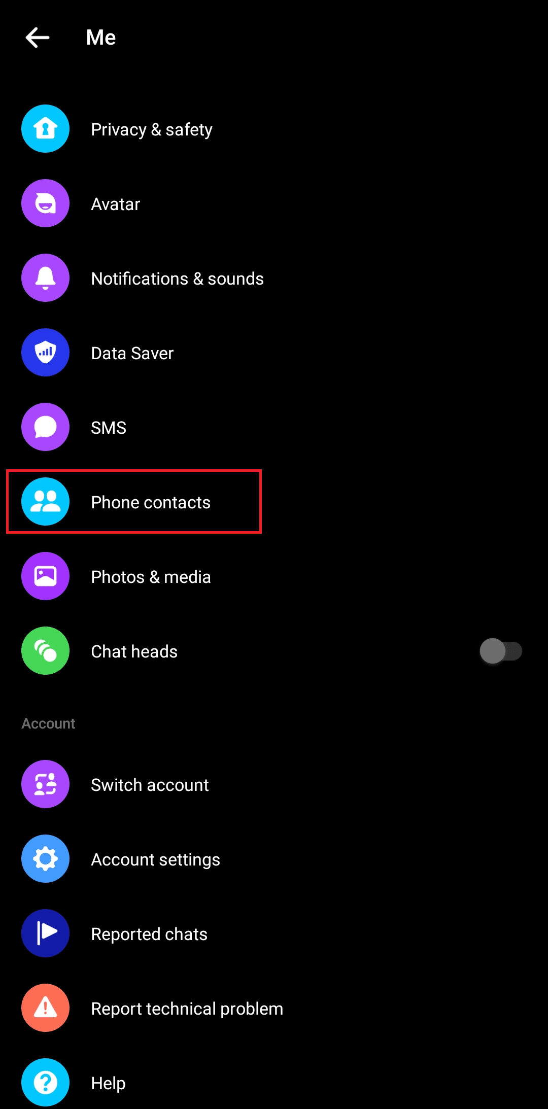 Desplácese y navegue hasta la opción Contactos del teléfono. Arreglar los contactos de Facebook Messenger que no se muestran