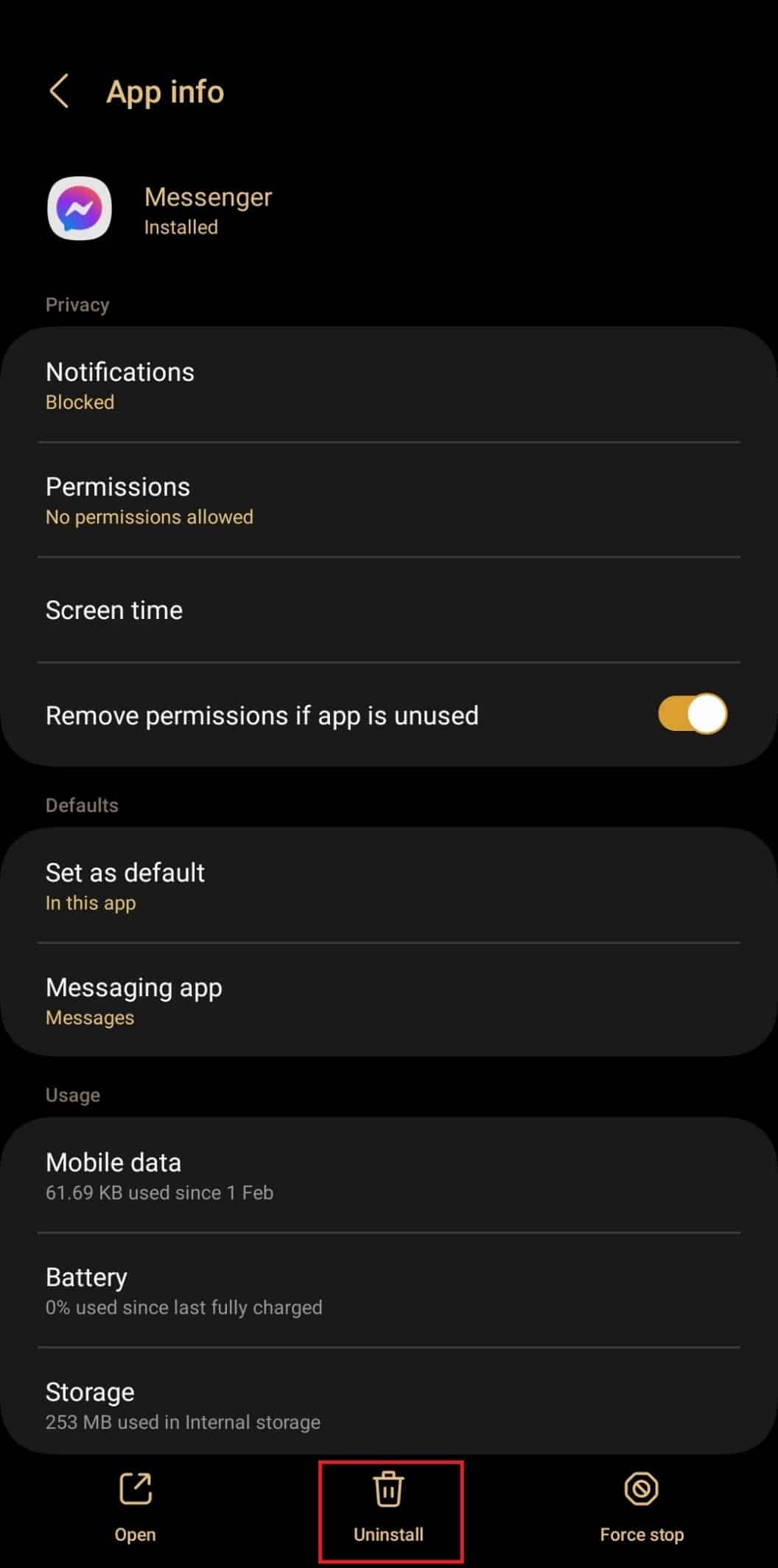 Opción de desinstalación para la aplicación Messenger