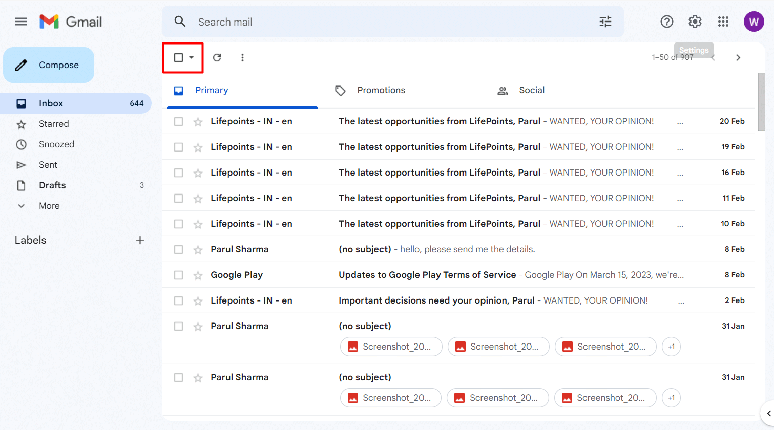 Haga clic en el icono Seleccionar |  Cómo eliminar correos electrónicos en Gmail en el teléfono