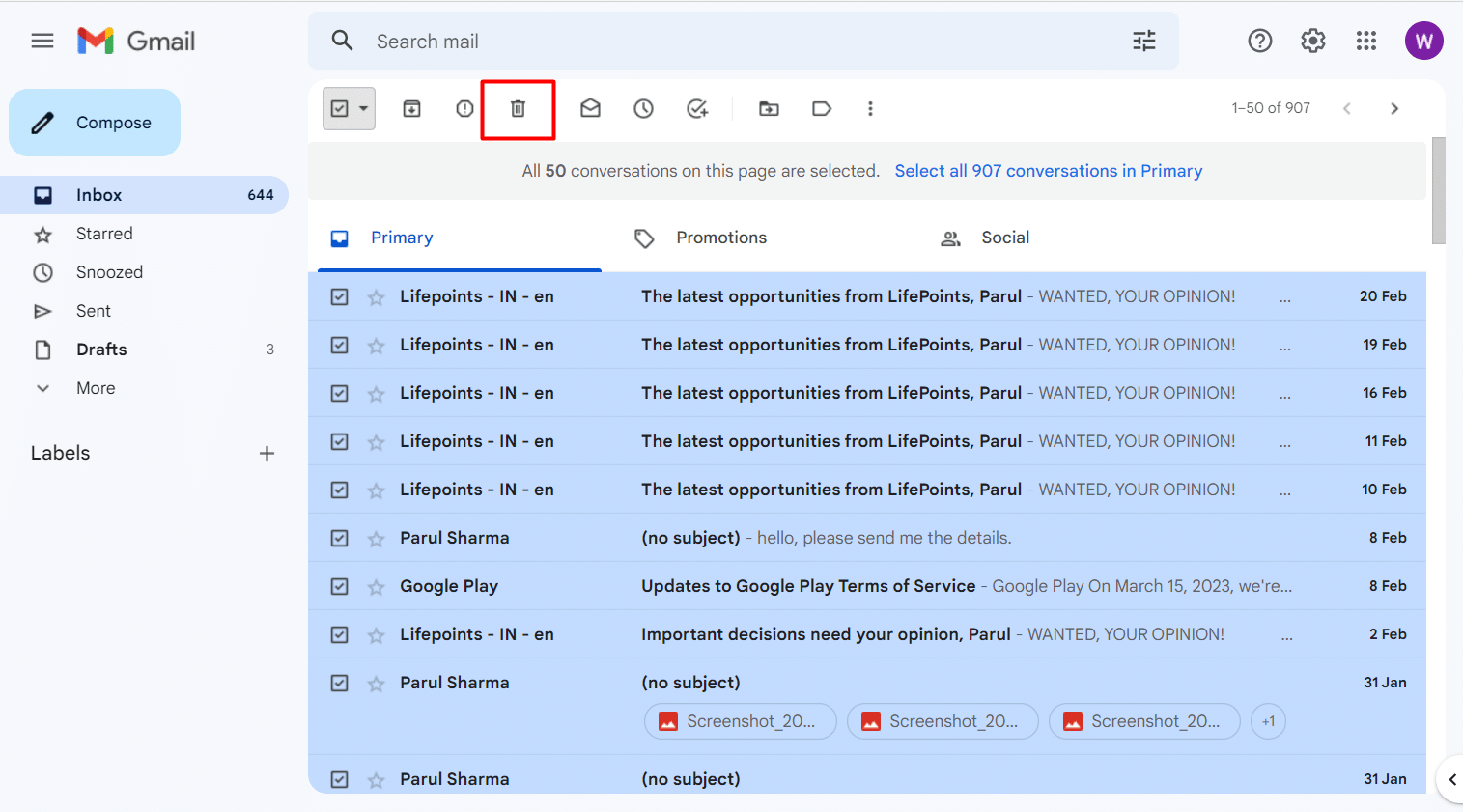 haga clic en el icono de la papelera |  Cómo eliminar correos electrónicos en Gmail en el teléfono