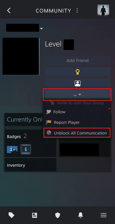 Toque el icono de tres puntos: opción Desbloquear todas las comunicaciones |  Cómo desbloquear a alguien en Steam