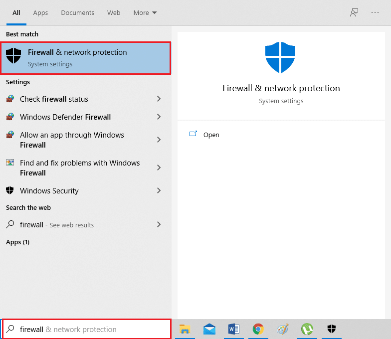 Abra la configuración de protección de red y firewall desde los resultados de búsqueda