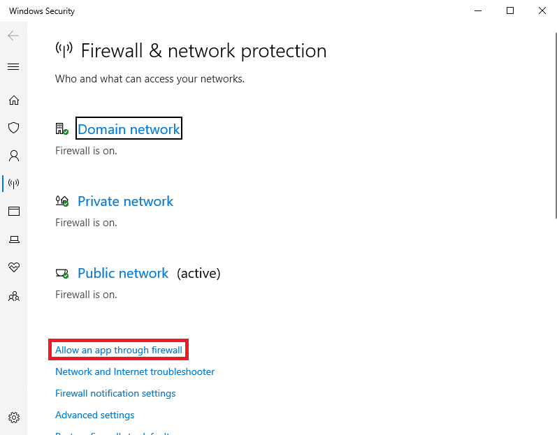 haga clic en Permitir una aplicación a través del firewall.  Arreglar el código de error de impacto de Genshin 9114