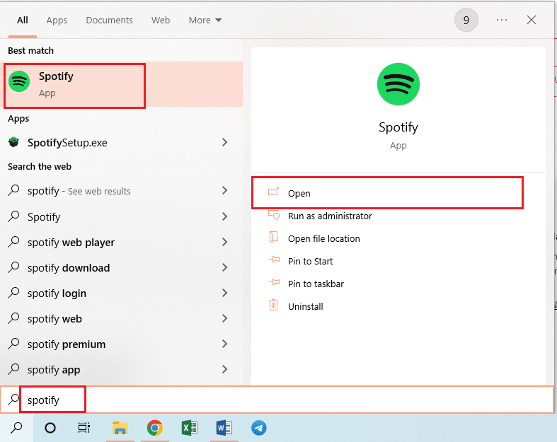 Busque Spotify en la barra de búsqueda y haga clic en el resultado de la aplicación para iniciar la aplicación en su PC. Reparar la canción de vista previa de Spotify que no funciona