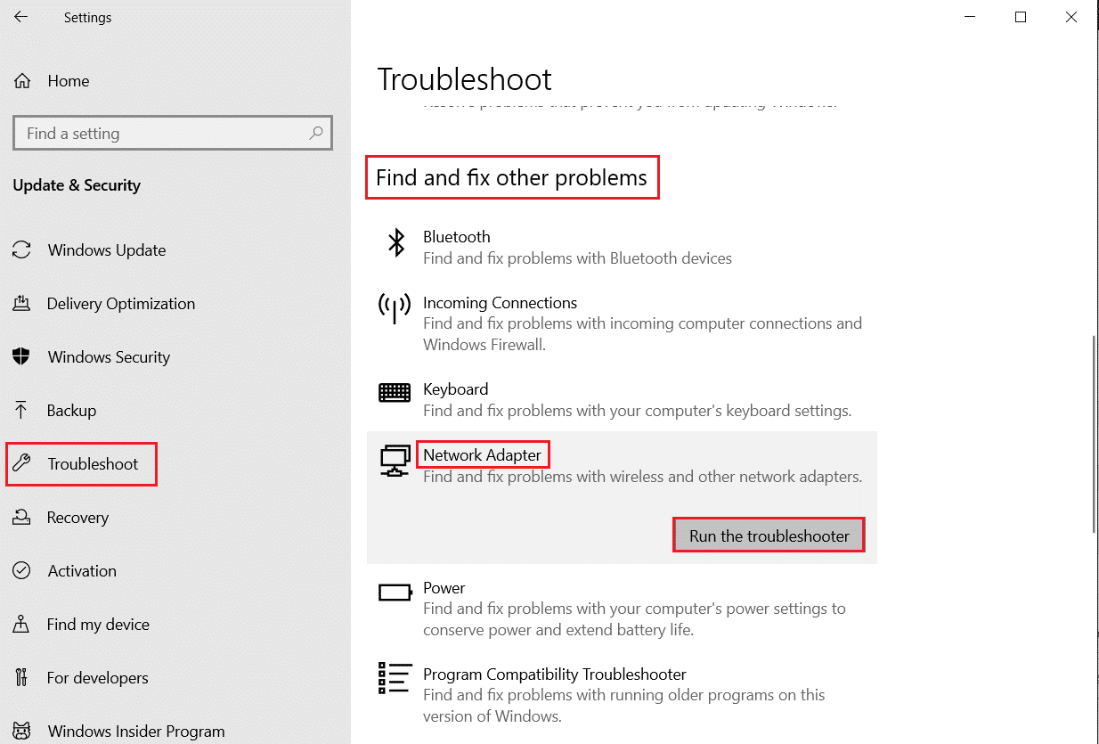 Ejecute el solucionador de problemas para adaptadores de red. Reparar la canción de vista previa de Spotify que no funciona