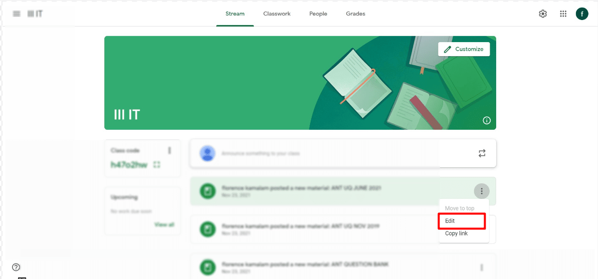 Haga clic en Editar | Cómo eliminar la tarea de Google Classroom