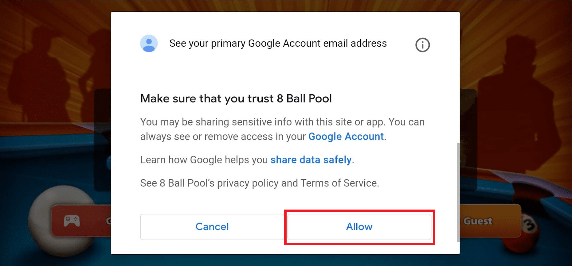 Desliza hacia abajo y toca Permitir 