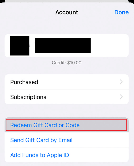 Toque en Canjear tarjeta de regalo o código | Cómo pagar la factura de Apple Music en iPhone