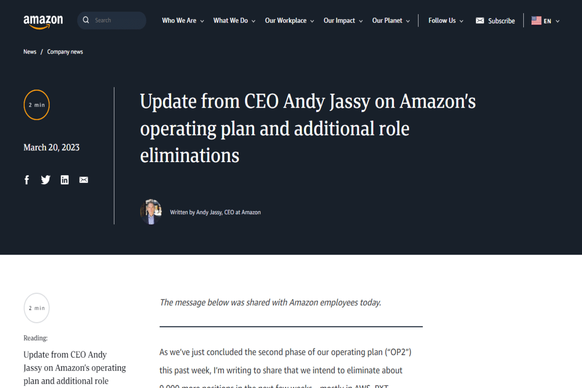 Amazon eliminará 9.000 puestos de trabajo en otra ronda de despidos