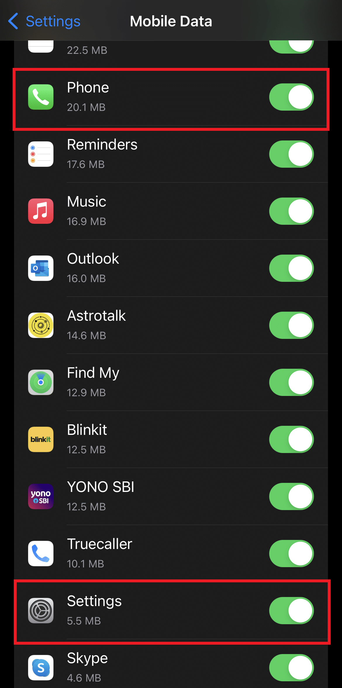 Asegúrese de que los botones de alternancia para Teléfono y Configuración estén activados.  11 formas de arreglar el correo de voz visual no está disponible actualmente