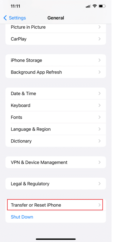 Toque Transferir o Restablecer iPhone