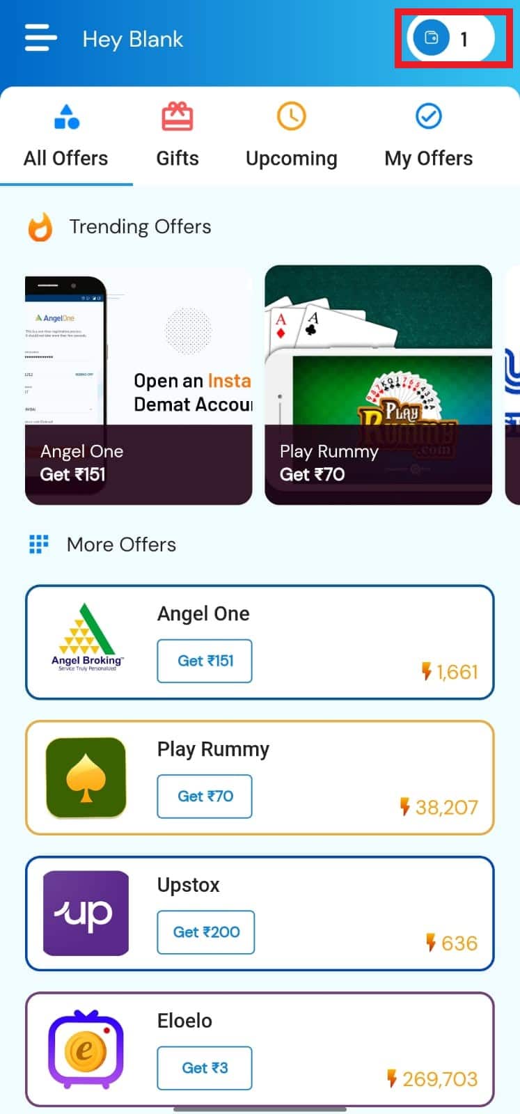 toque el ícono de la billetera en la esquina superior derecha