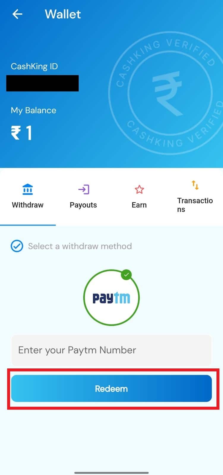 Ingrese su número de Paytm y toque Canjear para retirar dinero Aplicación Cash King