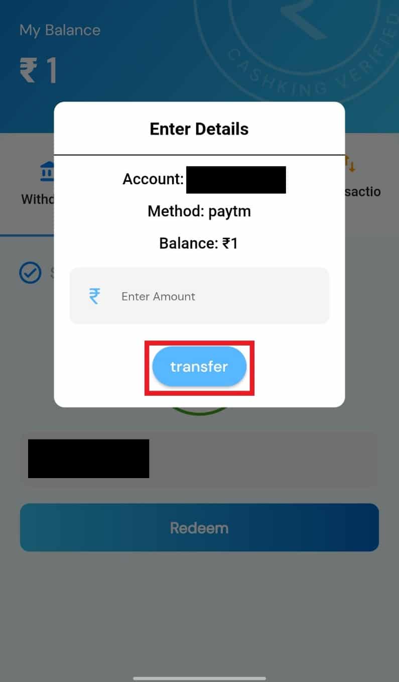 Ingrese la cantidad deseada para retirar y toque transferir