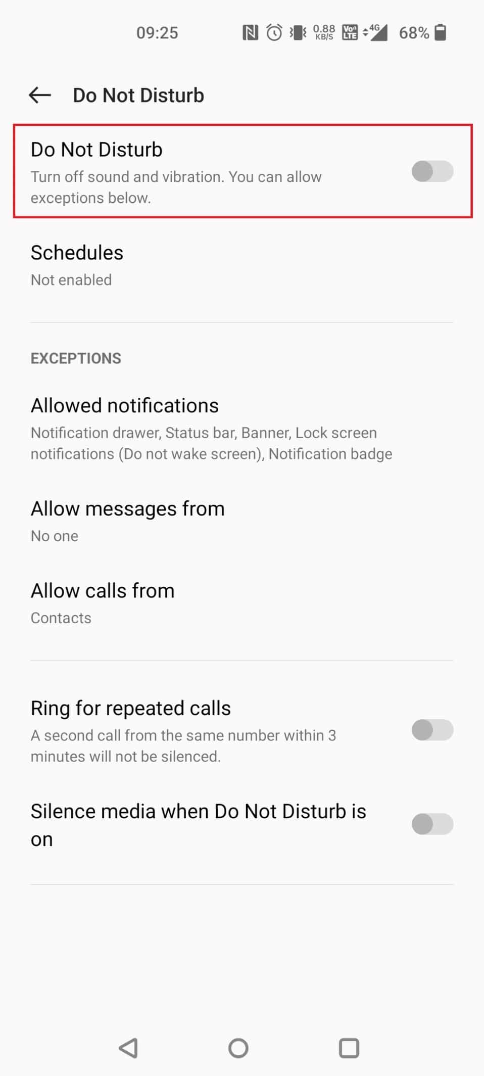 Apague la palanca de No molestar.  Cómo solo permite llamadas de contactos en Android