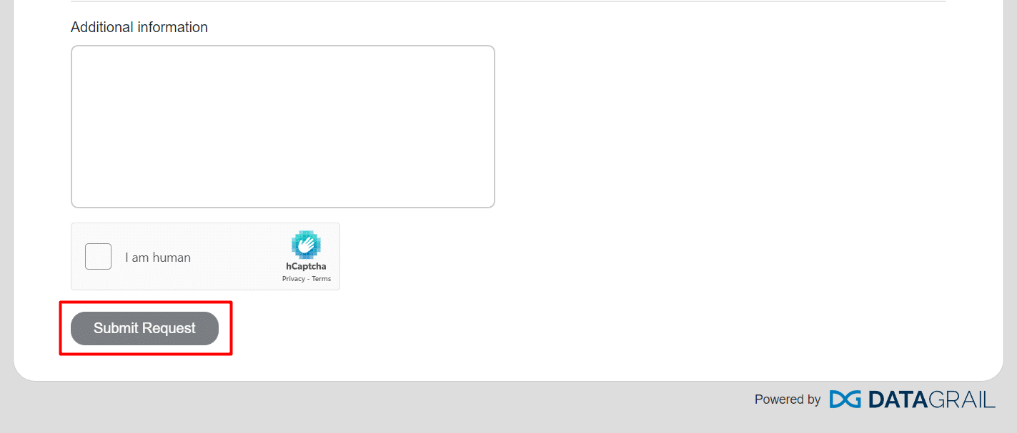 verifique el Captcha y haga clic en el botón Enviar para enviar su solicitud de eliminación de cuenta