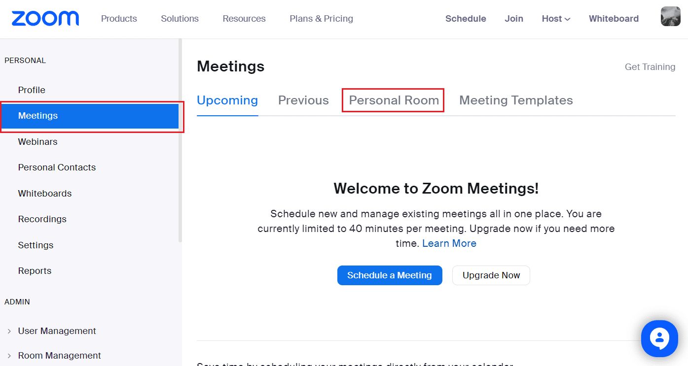 Cambie a la pestaña Reuniones y haga clic en la sección Sala personal |  ¿Cómo accedo a mi cuenta de Zoom?