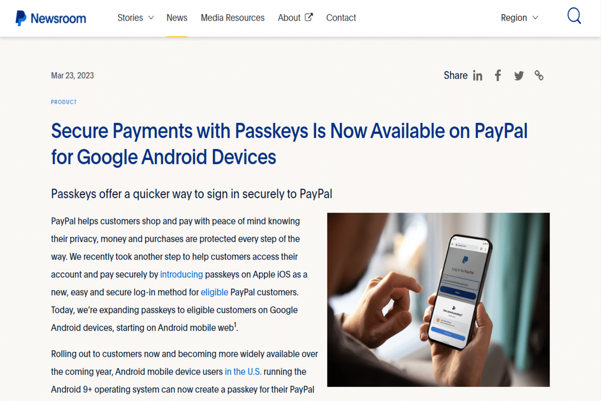 PayPal ofrece pagos seguros con claves de paso en dispositivos Android de Google