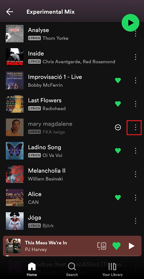 Toque el ícono de tres puntos al lado de la canción oculta | Cómo mostrar canciones en Spotify Mobile