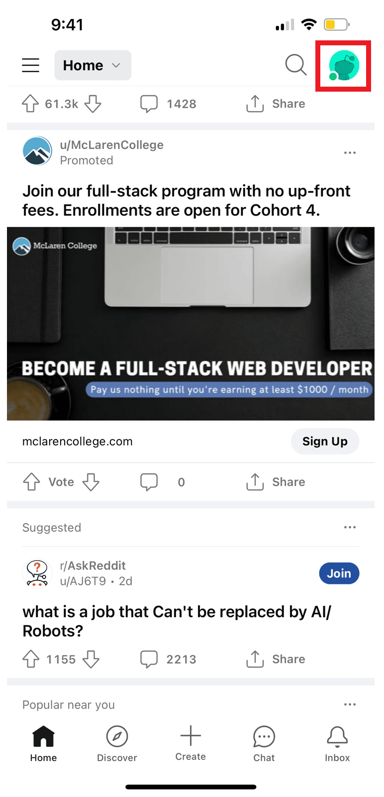 Inicie sesión en la aplicación Reddit y haga clic en el ícono de perfil en la esquina superior derecha de la pantalla.