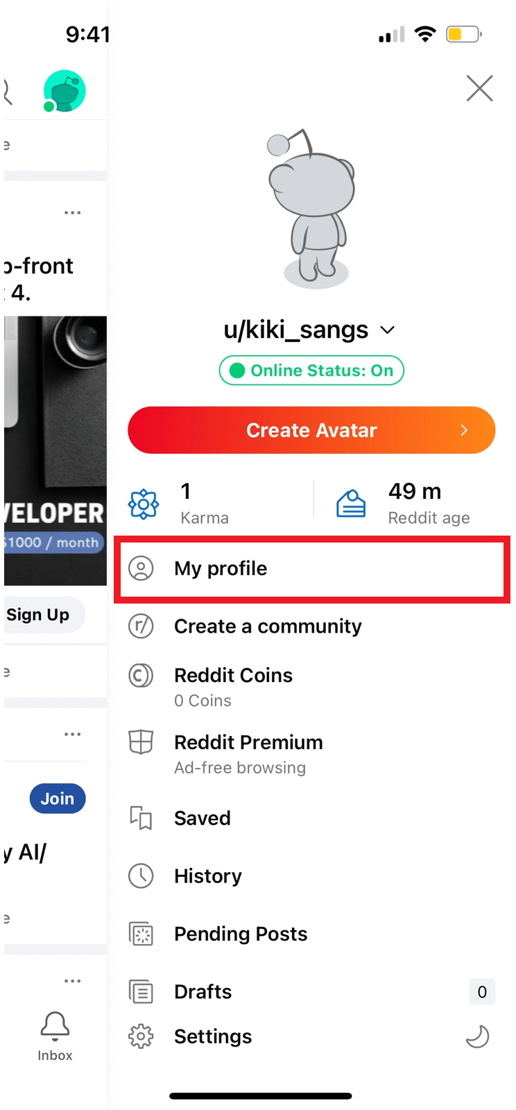 Seleccione la opción Mi perfil.  La cuenta se debe crear recientemente con un nombre de usuario generado automáticamente para que este proceso sea aplicable.