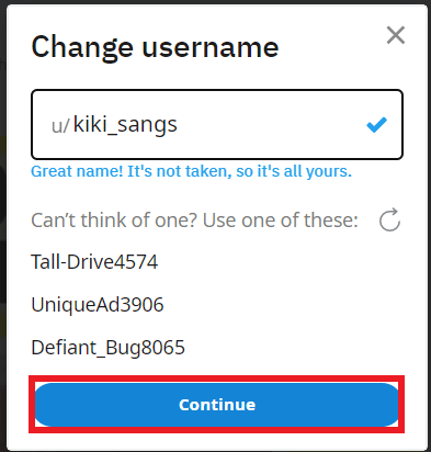 Escriba cualquier nombre que desee y haga clic en Continuar |  Cómo cambiar el nombre de usuario de Reddit