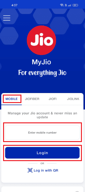 Desde la pestaña MÓVIL, ingrese su número de teléfono móvil Jio y toque la opción Iniciar sesión