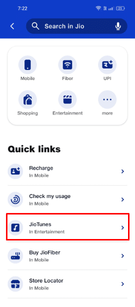 la opción Jio Tunes en la sección Enlaces rápidos. | Cómo hacer un tono de llamada entrante para Android