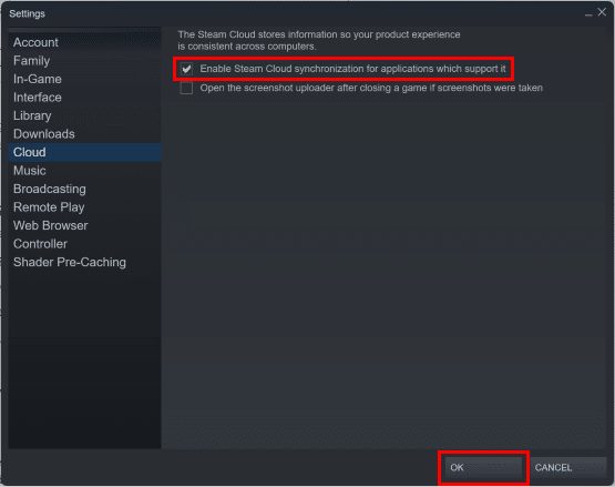 Desmarque la opción Habilitar sincronización de Steam Cloud para aplicaciones que lo admitan y haga clic en el botón Aceptar y luego salga de la configuración.  |  ¿Dónde se almacenan los datos de Steam?