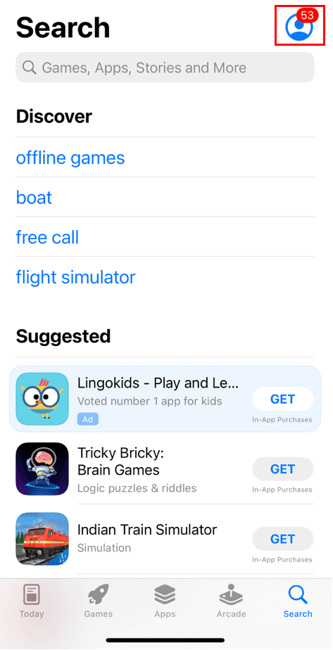 Abra la aplicación App Store y toque el icono de su perfil |  Cómo eliminar el historial de descargas de aplicaciones en iPhone 