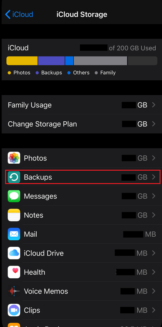 Toca iCloud - Administrar almacenamiento - Copias de seguridad