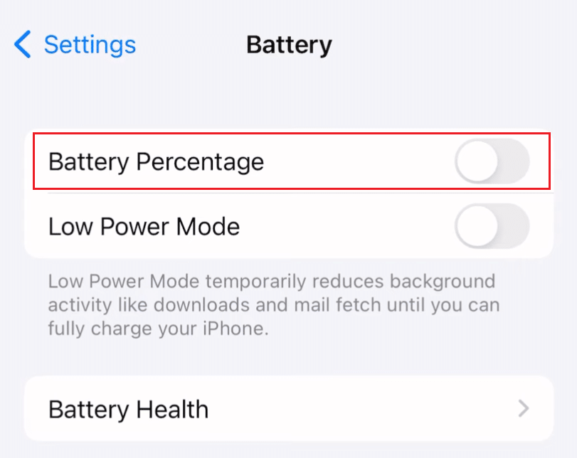 Active la palanca para la opción Porcentaje de batería | Cómo cambiar el color de la batería en el iPhone