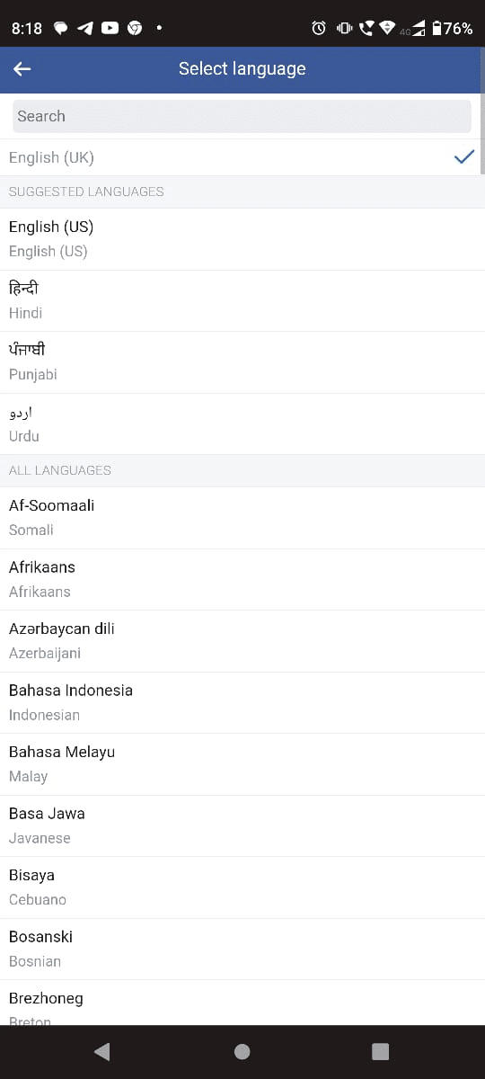 Toque la opción de idioma preferido |  Cómo cambiar el idioma en Facebook Volver a inglés