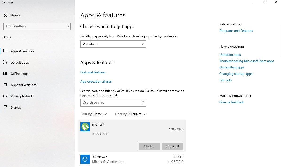 desinstalar la pantalla de la aplicación de Windows 10