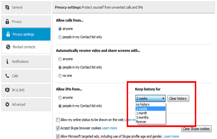 borrar el historial de llamadas de Skype