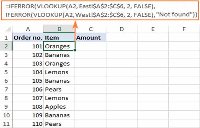 IFERROR(VLOOKUP(A2, East!$A$2:$C$6, 2, FALSE), IFERROR(VLOOKUP(A2, West!$A$2:$C$6, 2, FALSE), "Not found"))