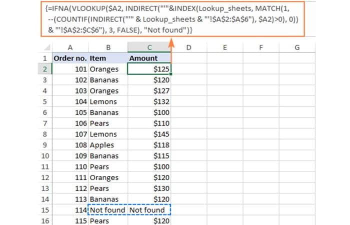 IFNA (VLOOKUP($A2, INDIRECT ("'"&INDEX (Lookup_sheets, MATCH (1, --(COUNTIF(INDIRECT ("'" & Lookup_sheets & "'!$A$2:$A$6"), $A2)>0), 0)) & "'!$A$2:$C$6"), 3, FALSE), "Not found")