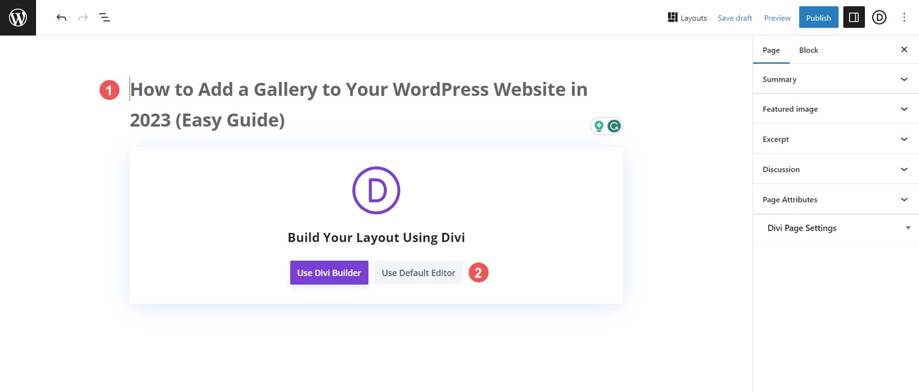 Dale un nombre a tu página y ve al Editor de bloques.